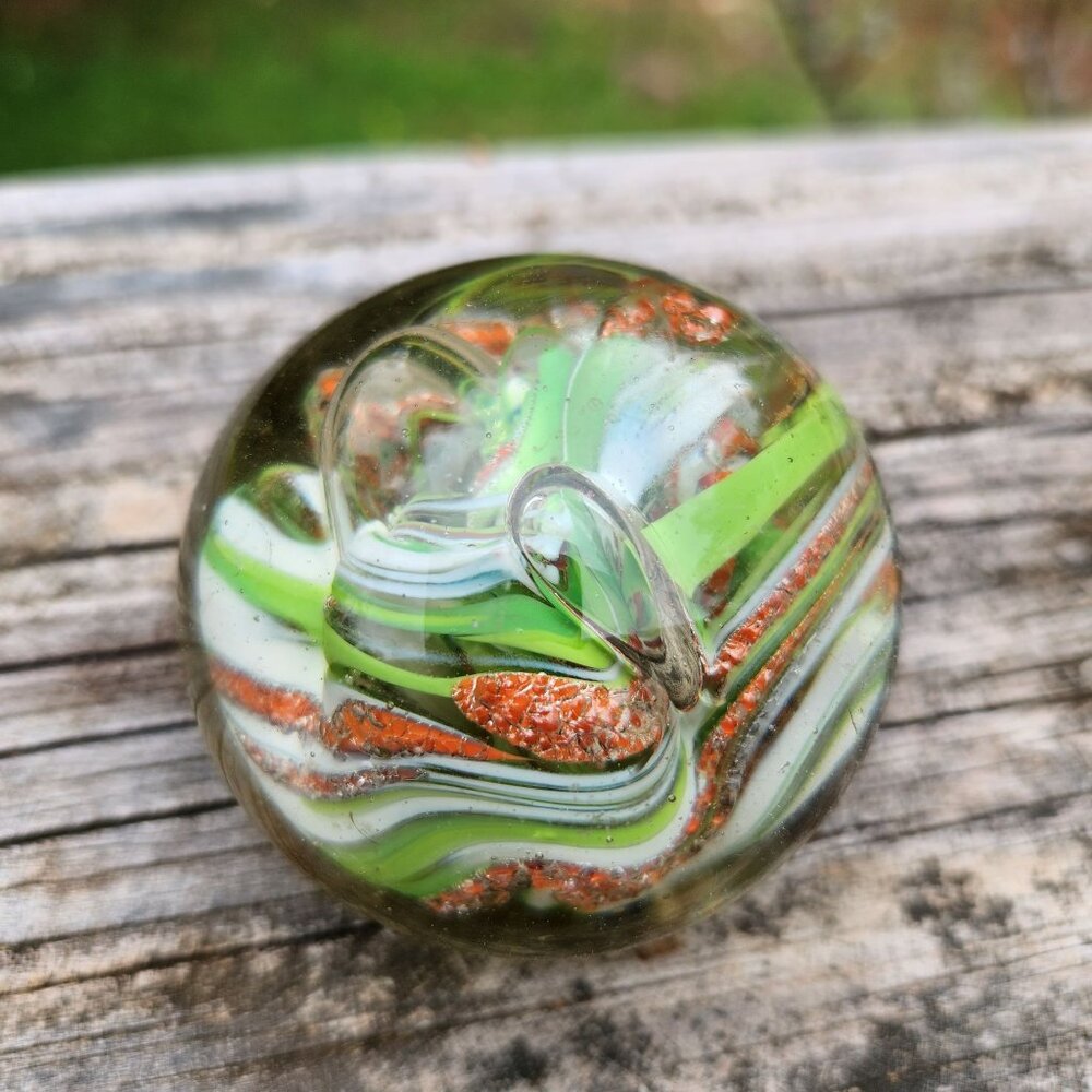 Handblown Glass Paperweight With Swirled Green Orange & White Gold flecks Patter